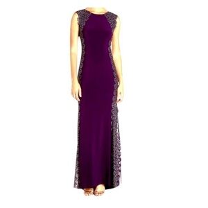 𝅺xscape Purple And Gold Crochet Lace Column Gown Formal Dress Sz 4